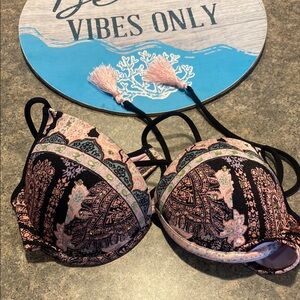 Black and Pink Patterned Bedazzled Bikini Top
